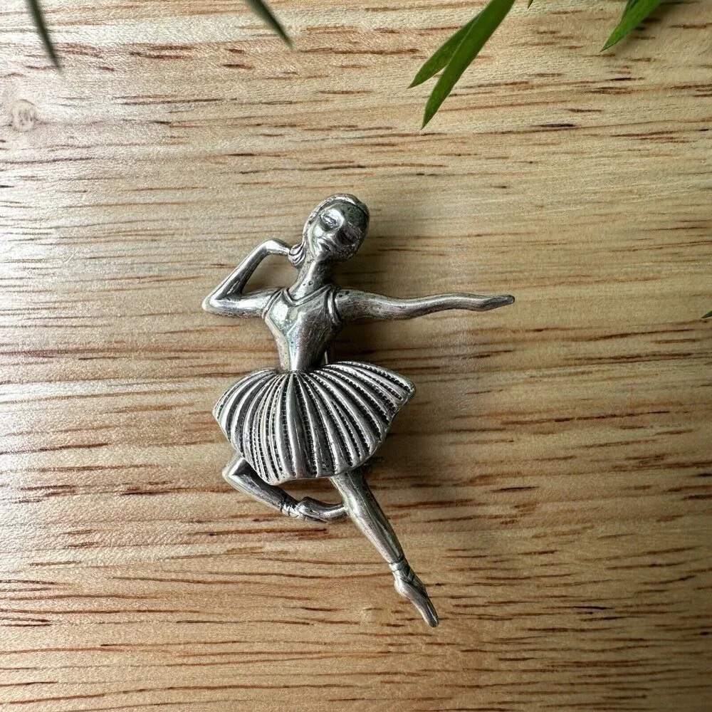 VTG Brooch Pin 1.5 Inch Ballerina‎ Dancer Art Deco MCM 925 Sterling Silver 3.2g